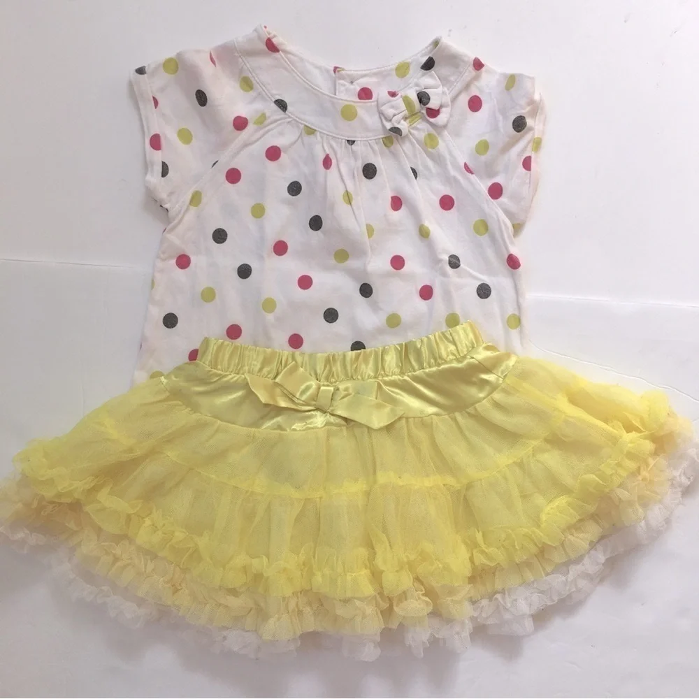 Bundle 2-Pcs Matching Sets Baby Girls Polka Dots White Top Yellow Tutu Skirt